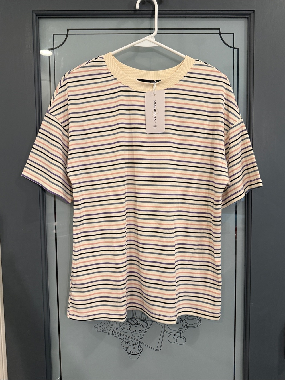 Merokeety Striped Short-Sleeve Tee in Cream, Purple & Pink, M